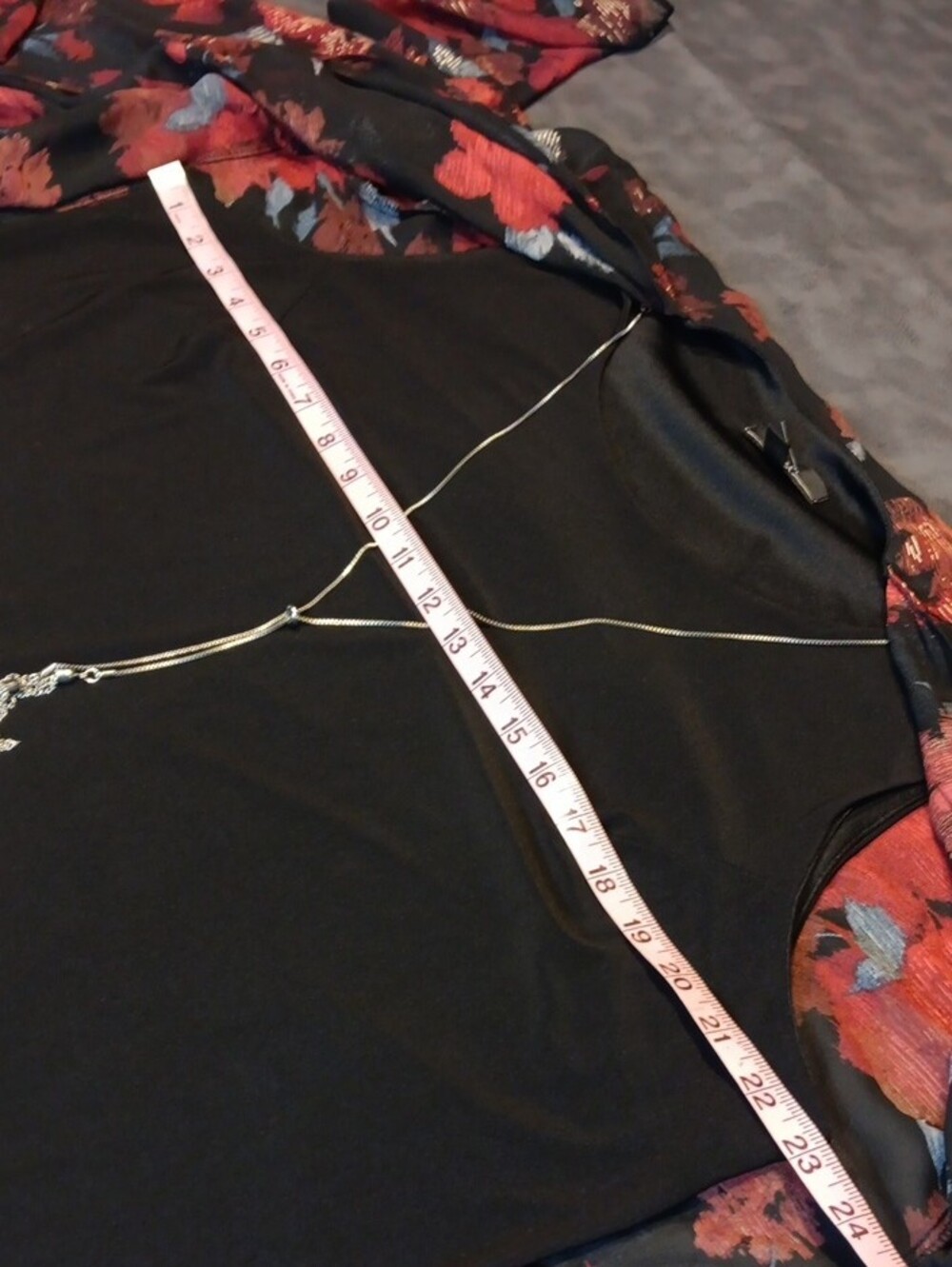 R&K Black Shift Dress with Red Floral Sheer Overlay and Blue Accents - Picture 9 of 12